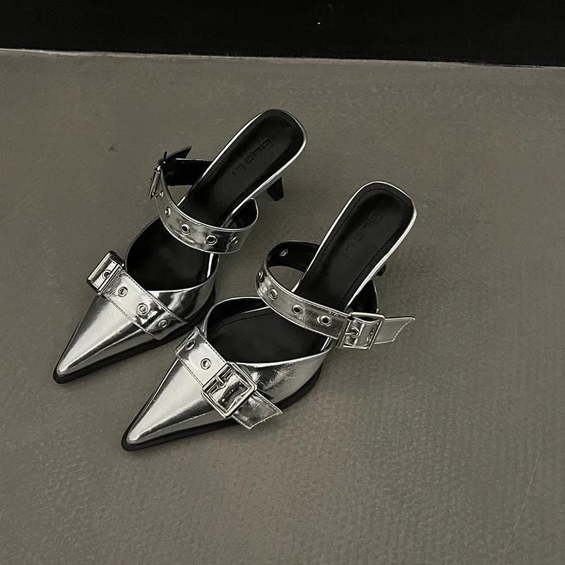 Fashion Rimocy Punk Goth Metal Buckle High Heels Women's Sandals Summer Pointed Toe Silver Party Shoes Fashion Womens Pumps Shoes