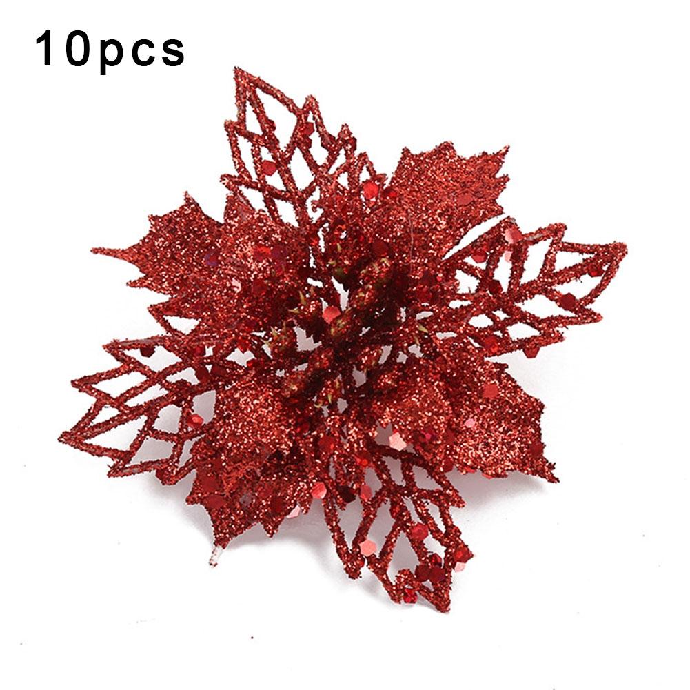 Sparkling Christmas Poinsettia Flower Tree Hanging Decoration Pack of 10