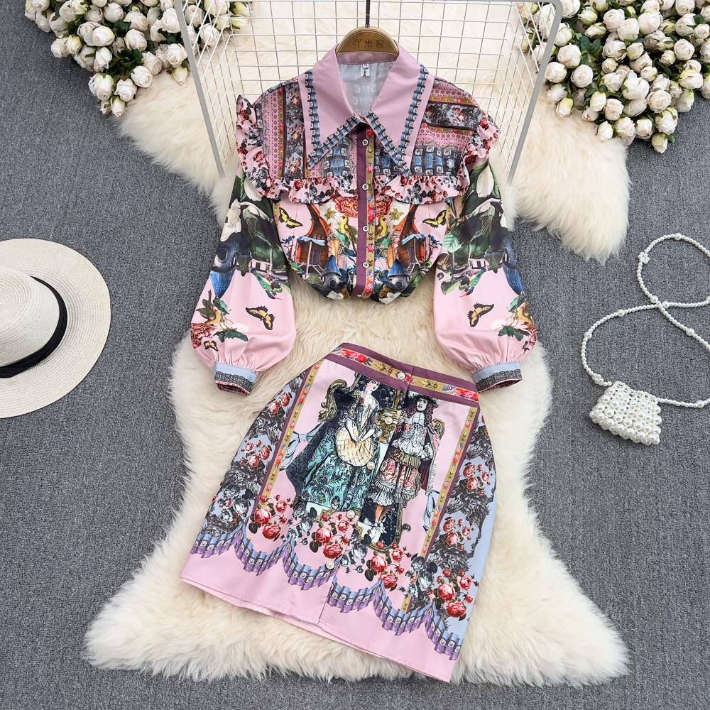 

RUGOD Модные костюмы Высококачественные легкие роскошные рубашки с длинными рукавами с лацканами и принтом, состоящие из двух частей юбки с высокой талией