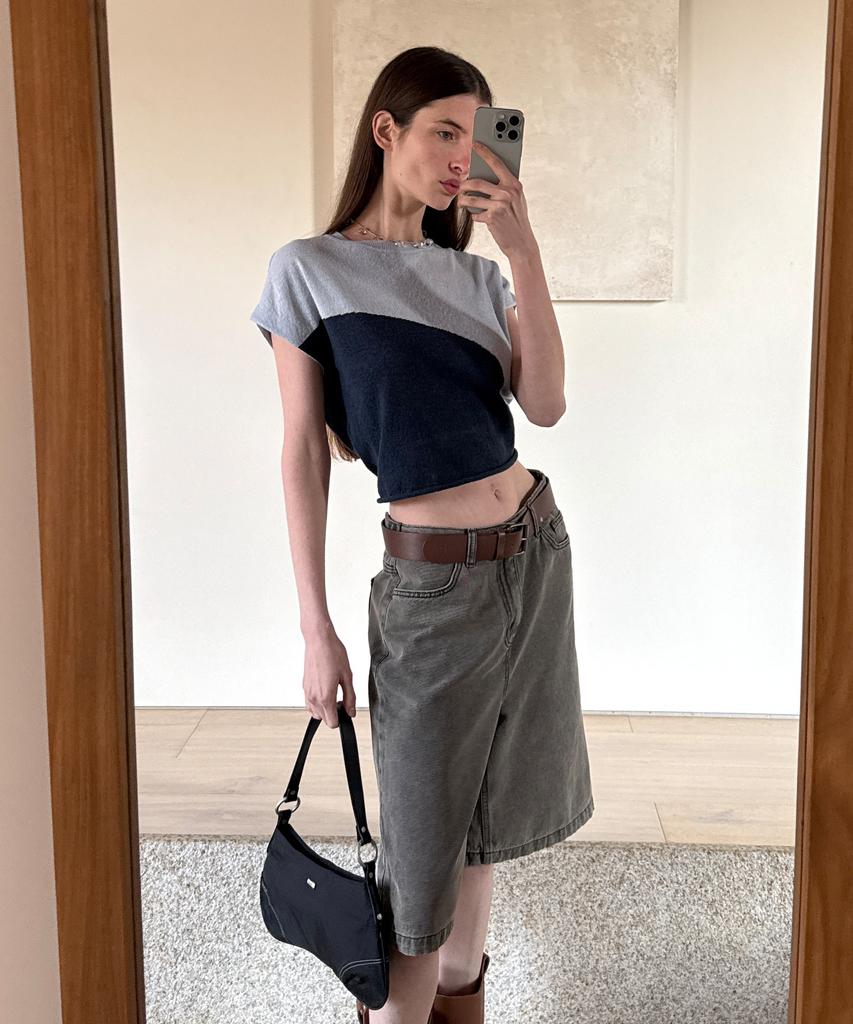 EN OR Two Tone Drawstring Knit Top - Blue