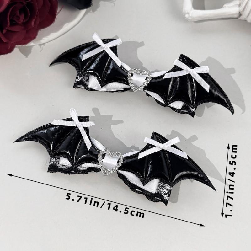 Dark Holiday Hair Barrettes, 1 Pair Halloween Winged Ribbon Design With Heart Detail and Lace Trim for Party Looks