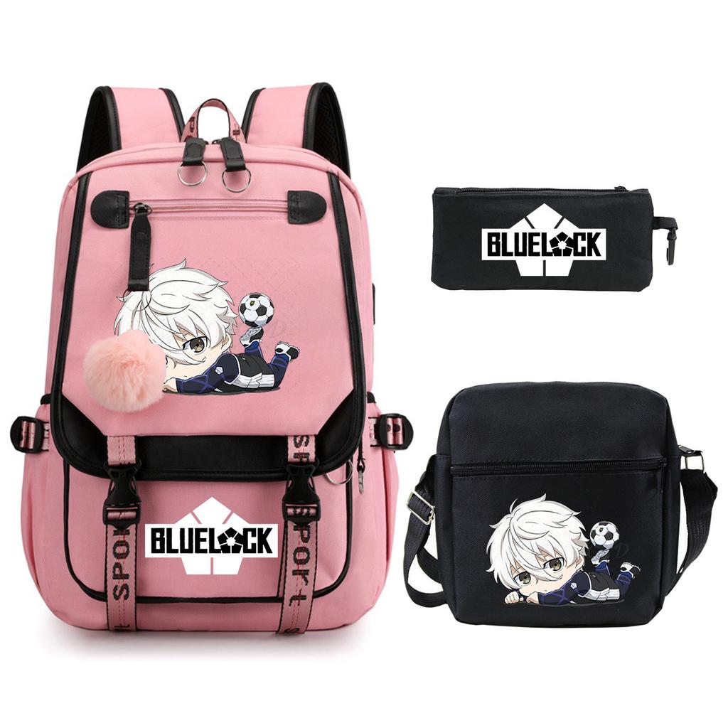 Blue Prison Student School Bag Large Capacity Children'S Shoulder Bag Casual Pencil Bag Set