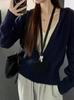 Zhao Lusi Style Navy Blue Zip-Up Knit Cardigan for Women