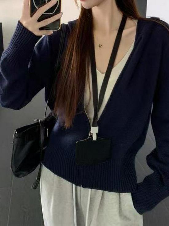 Zhao Lusi Style Navy Blue Zip-Up Knit Cardigan for Women