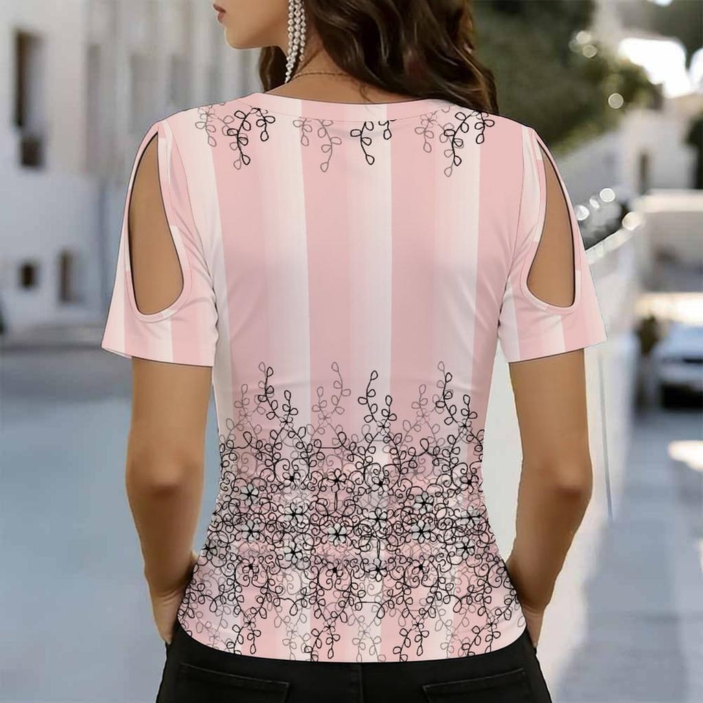 Women V Neck Cold Shoulder Top Light Purple 3D Butterfly Floral Print Short Sleeve Blouse