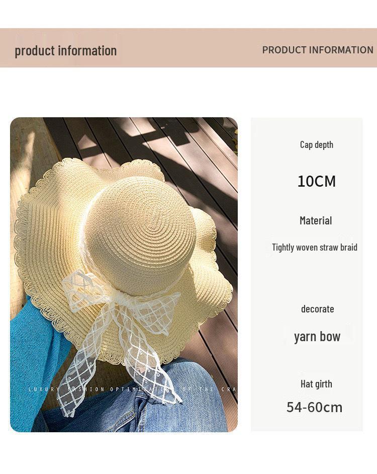 Straw Braid Ruffle Bow Beach Hat - Large Brim, Fairy Style, Dome for Large Head Circumference