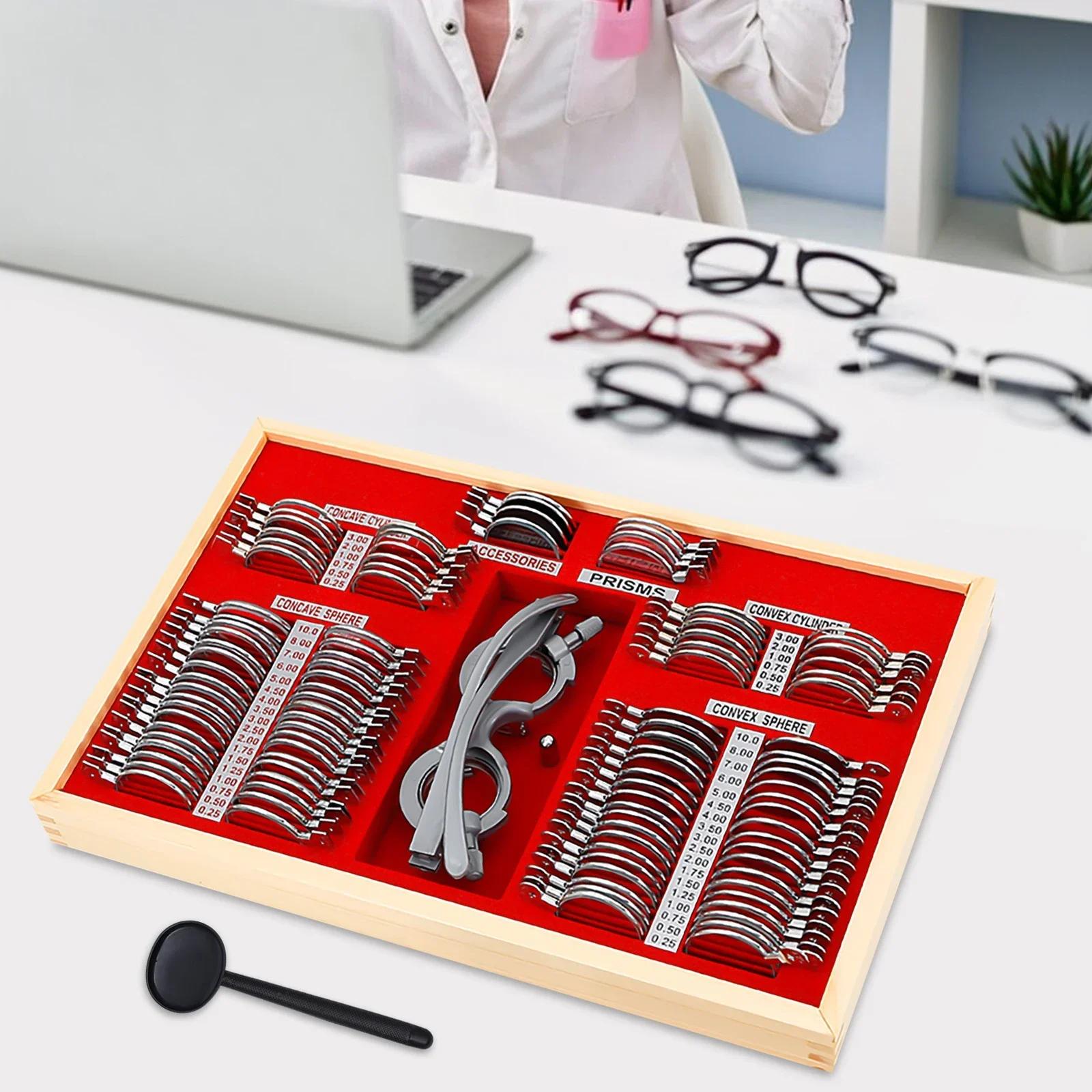 

Набір оптичних пробних лінз з 104 штук,Оптичні лінзи високої точності,Набір для оптометрії з оправою для окулярів,Набір пробних лінз з металевою оправою високої точності червоний