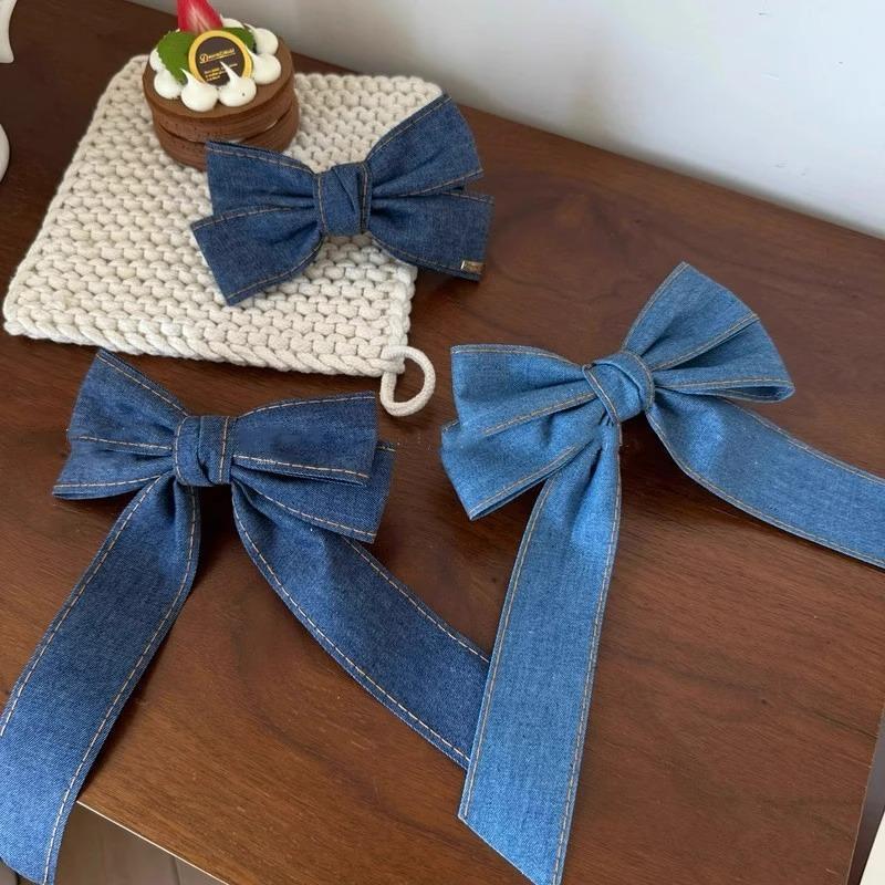 Denim Blue Ribbon Bowknot Hair Clips For Woman Girls Sweet Elegant Ponytail Hairpins Duckbill Clip Hair Accessories Gift