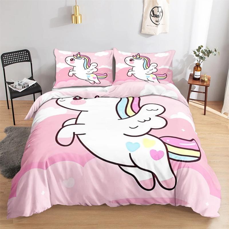 Kawaii Einhorn Buntes leuchtendes Einhorn-Kinderbettwäscheset für Mädchen Rosa Deluxe Bettbezug Bettwäscheset King Queen Bettbezug