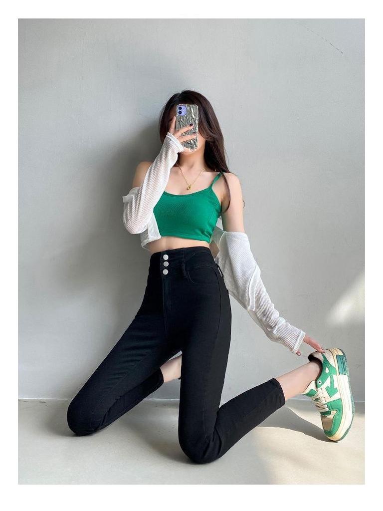 Women's High-Waisted Denim Skinny Pants, Winter Style – Elastic, Slim-Fit, Tummy-Control, Hip-Lifting, Nine-Point Length.