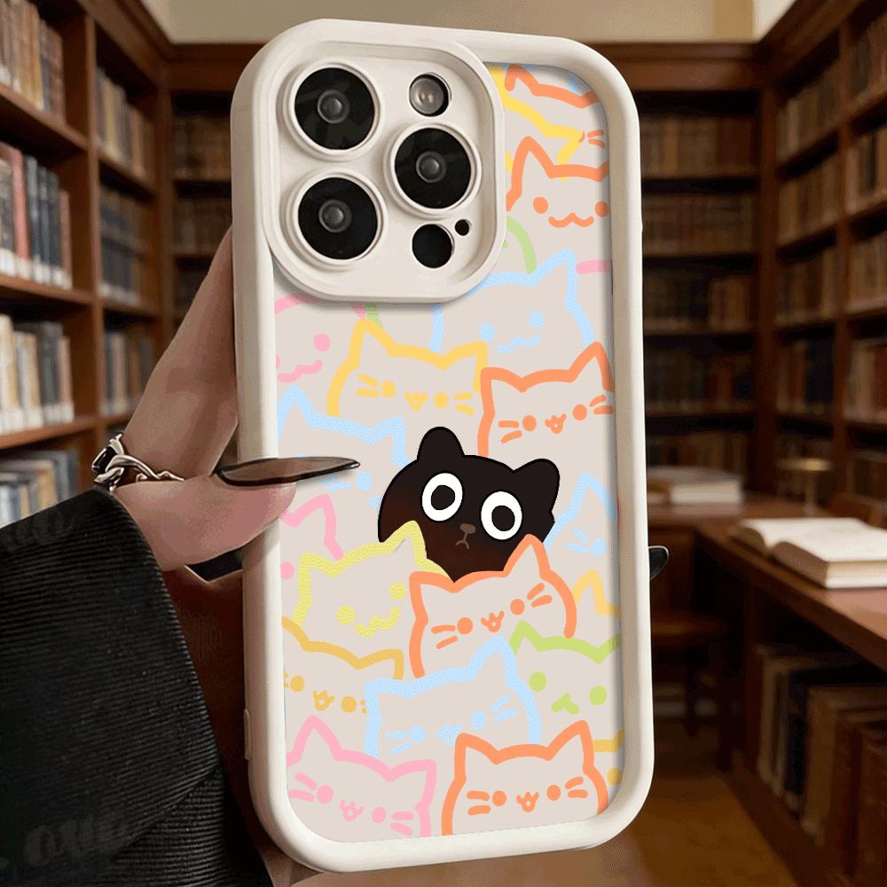 Colorful Cat Pattern with Black Cat Soft TPU Phone Case for iPhone 17 16 15 14 13 12 11 Pro Max Plus Shockproof Anti-Slip Cover
