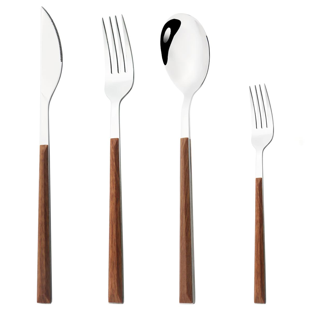 

4 шт. набор столовых приборов с имитацией деревянной ручки, столовая посуда из нержавеющей стали, нож, вилка, ложка, серебро, вечерние кухонные столовые приборы коричневый