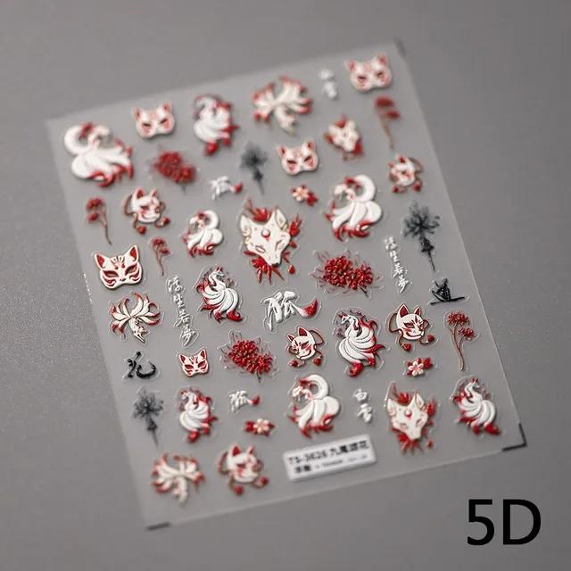 Nine-tailed Fox Chinese 5D Soft Reliefs Self Adhesive Nail Art Stickers Fox Mask Red Equinox Flowers 3D Manicure Decals