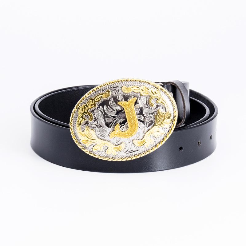 Gilded Ethnic Punk Oval Belt Buckle with White Letter J and Gold Floral Pattern 105 cm