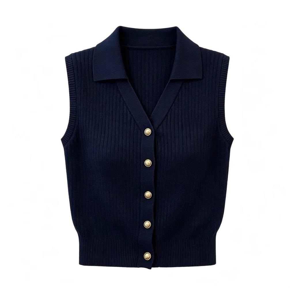Summer Polo-style Sleeveless Knitted Cardigan Vest for Women, A Slim-fitting and Figure-hugging Blouse That Enhances Your Figure.