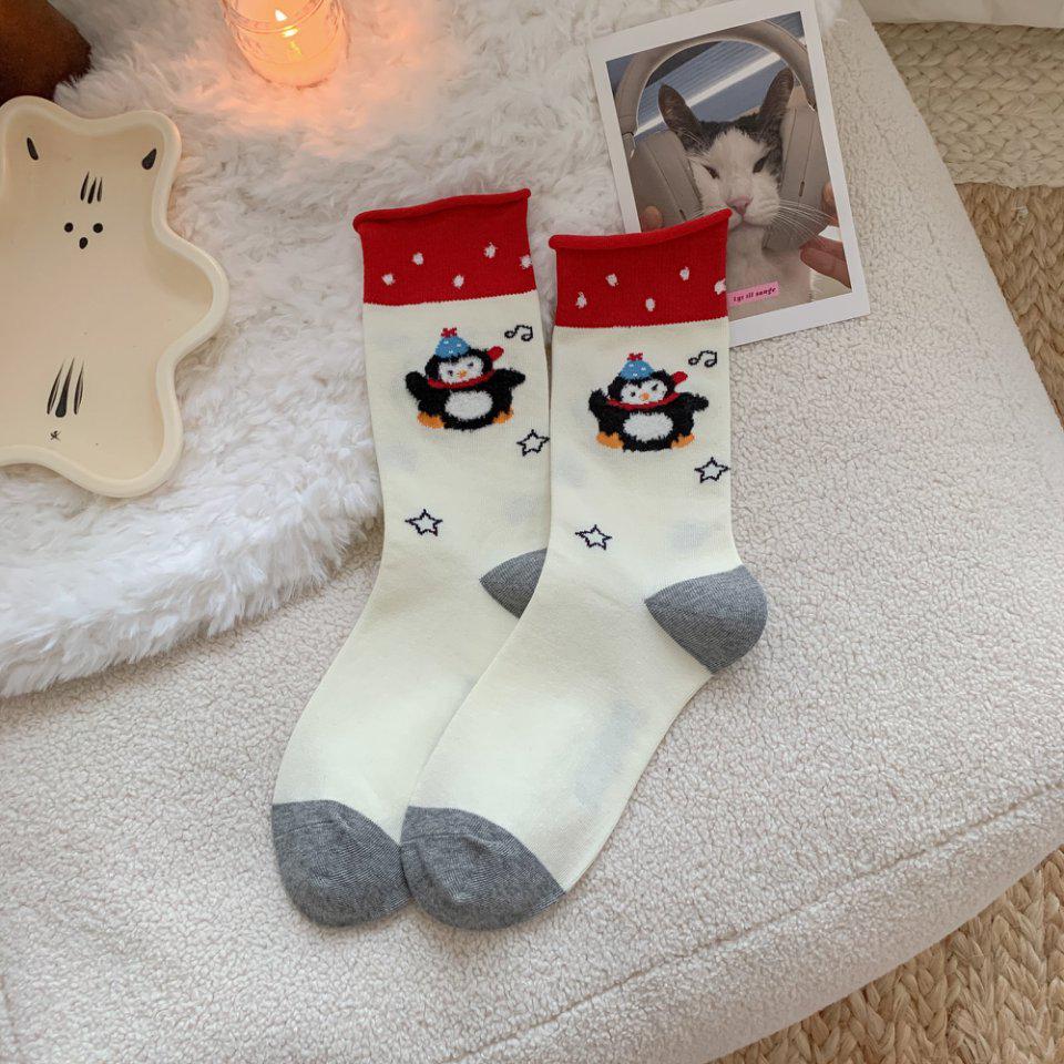 Trendy Cute Penguin Cotton Mid-Calf Women's Socks - Original Boneless Design for Autumn and Winter