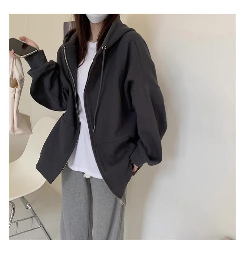 Felpa con cappuccio e zip foderata in pile da donna - Stile coreano pigro, Cardigan spesso per la primavera e l'autunno 2024.