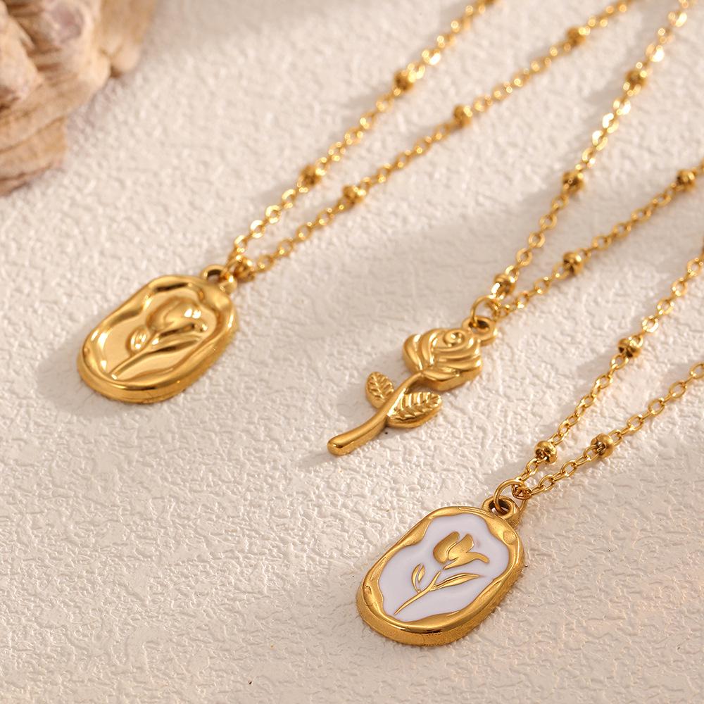 18K Gold Rose Flower Pendant Necklace - Stainless Steel Titanium, Colorfast, High-End Women's Accessory