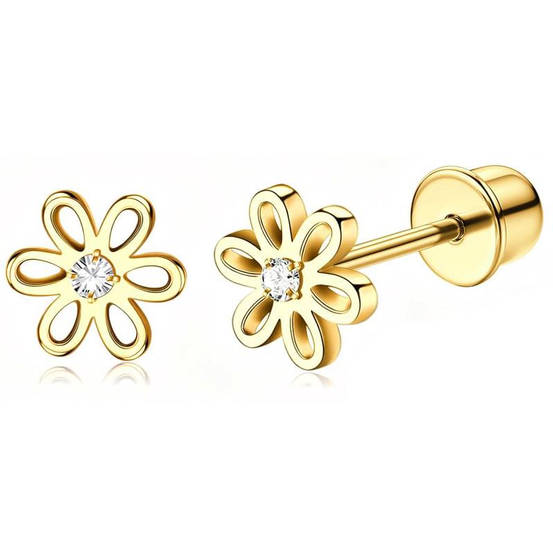 Bobisty 1Pair Hypoallergenic Screw Back Stud Hoop Earrings for Women Surgical Steel 14K Gold Plated Cute Heart CZ Flower Earring