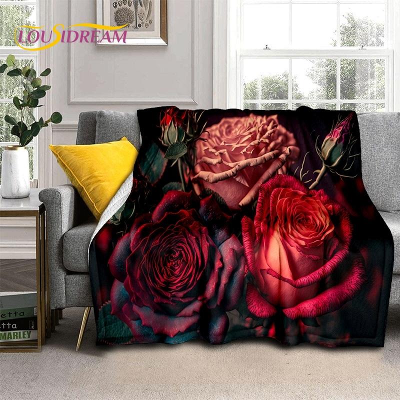 Mantas Suaves Románticas Nórdicas con Flores de Rosa 3D, Manta de Tiro para Mantener el Calor, Manta Cómoda para Picnic, Camas, Sofá, Dormitorio del Hogar, Regalo