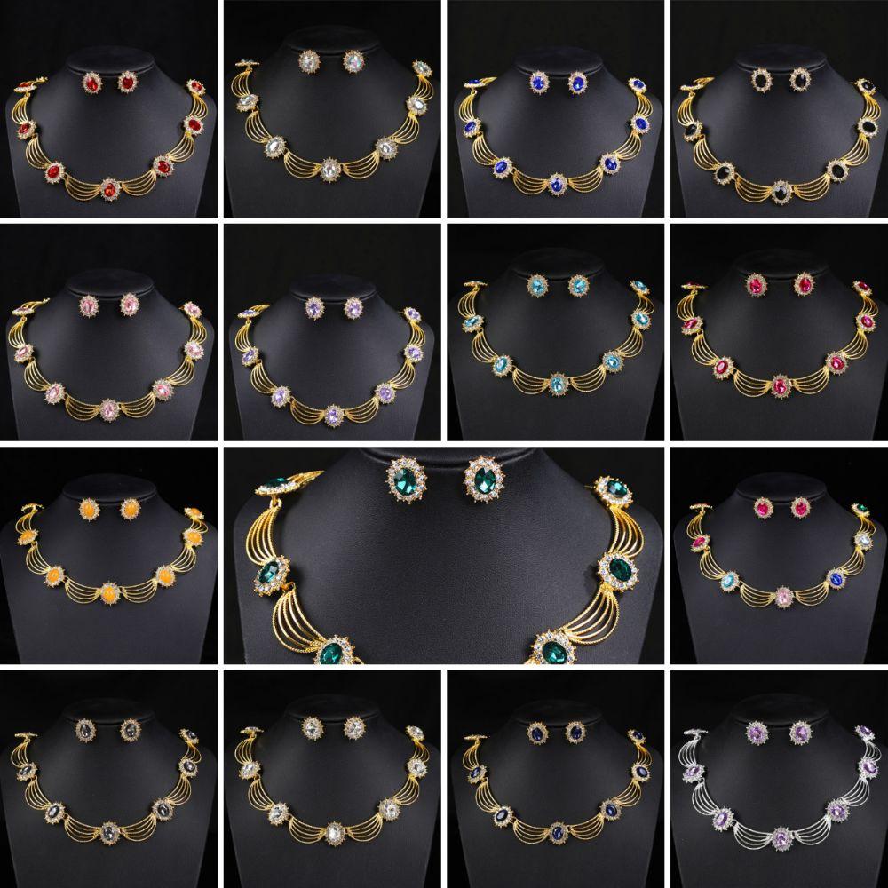 Gold-Tone Gemstone Necklace Set Geometric Statement Jewelry Set Earring Matching Set  Women