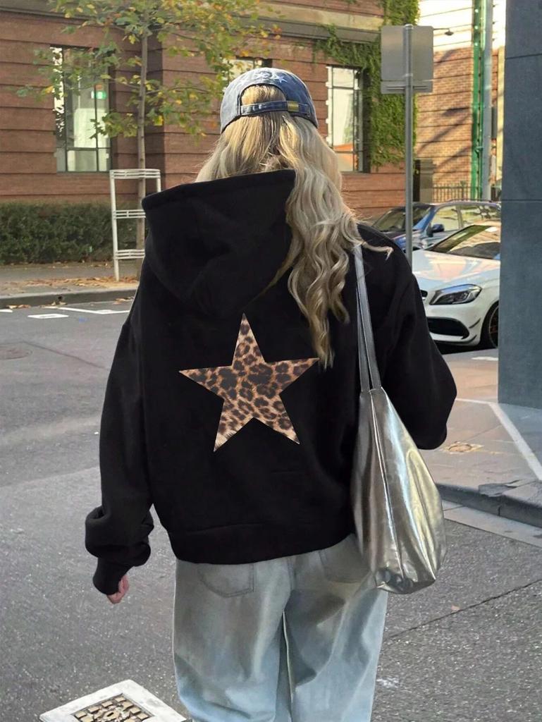 Casual Woman Hoodie Leopard Pentagram Pattern Fun Print Pullover Loose Long Sleeve Pocket Warm Sweatshirt Autumn Female Clothing