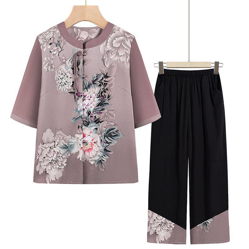 

2026 New Summer Blouse Set for Women: National & Chinese Style, Short-Sleeve Top for Middle-Aged Moms & Grandmas XL (for 80-105 jin)