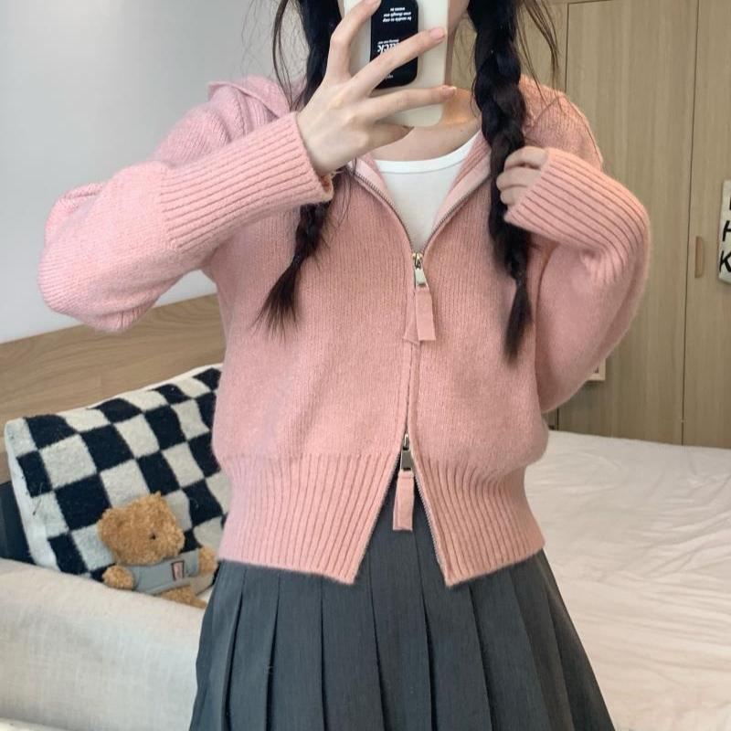 Pure Desire Wind Grey Zipper Shoulder Hooded Knitted Cardigan Women's Autumn Short Sweater Top Sweater Coat