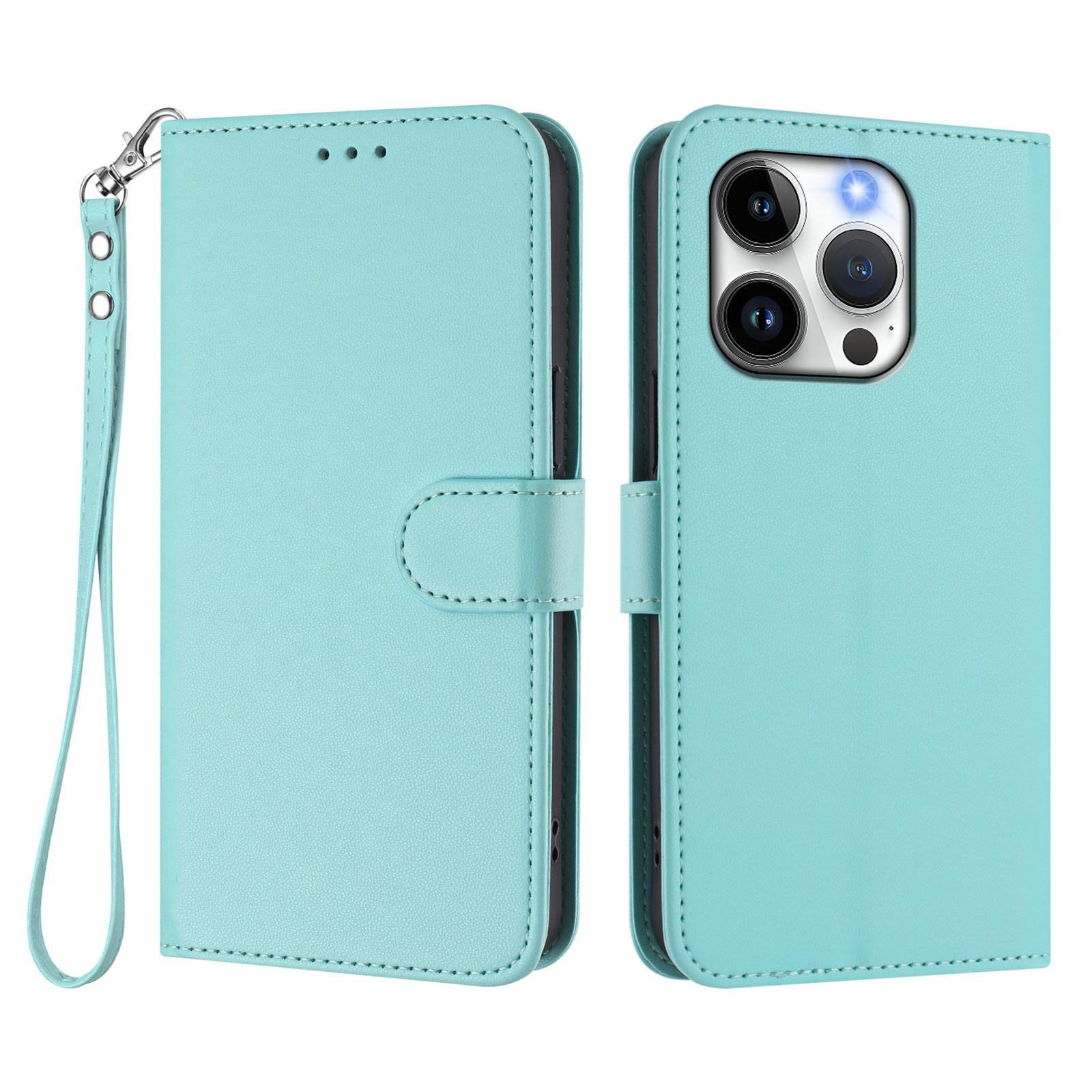 

For iPhone 15 Pro Leather Case Wallet Stand Phone Cover with Wrist Strap Mint Green