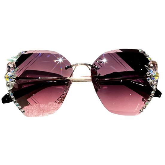 Women Sunglasses Rimless Lightweight High Clarity Wide Cool Sun-resistant Windproof UV Protection Shiny Rhinestone Female Sunglasses for Outdoor