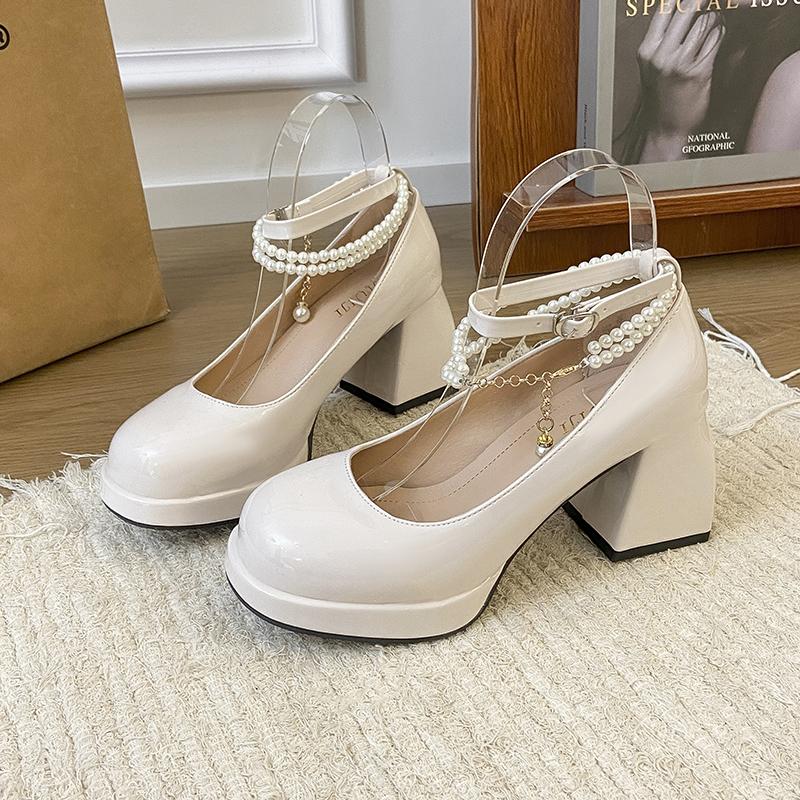 PU String Bead Buckle Strap Mary Janes Solid Square Heel Mid Heel Ladies Shoes on Sale 2025 Fashion Autumn Party Sweet Pumps
