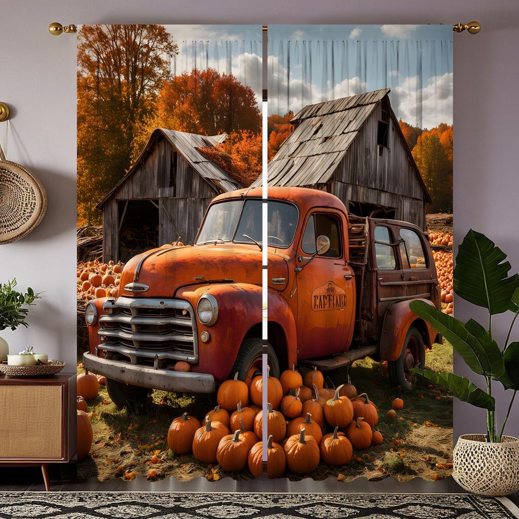 2pcs HD Thanksgiving Country Cottage Pumpkin Bus Curtain Yellow Tie Digital Printed Curtain Home Decor Style Decorate Living