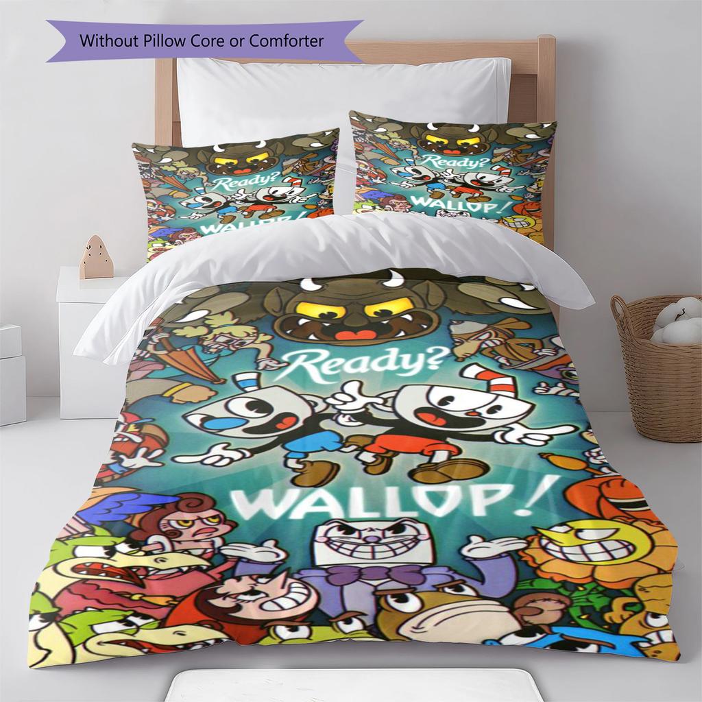 Cuphead Cute Cartoon Pattern Bedding,Quilt Set Quilt Cover Pillowcase Home Birthday Gift (1 * Duvet Cover + 2 * Pillowcase, Without Core)