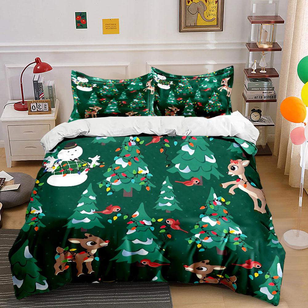 Christmas Deer and Snowman Theme Bedding Duvet Cover Set Duvet Cover Pillowcases (1*Duvet Cover 2*Pillowcases, without duvet insert)
