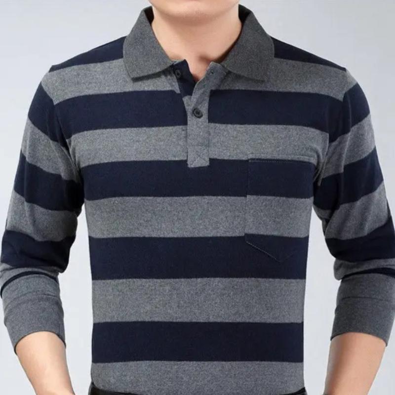 Camisas polo listradas masculinas da moda, novas camisas polo coreanas para negócios, primavera/outono, casuais, manga comprida, bolsos na lapela, roupas masculinas, tops de algodão, 2025