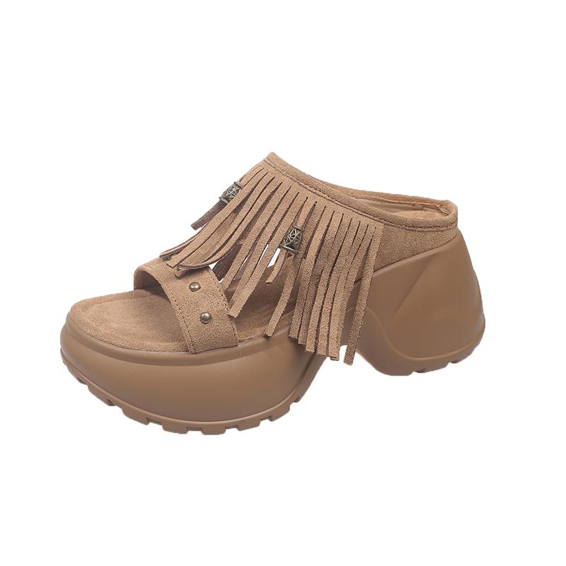 Fashion Block Heel Flip Flops Autumn New Round Toe Open Toe Suede Studded Platform Anti-Slip Wear-Resistant Slippers