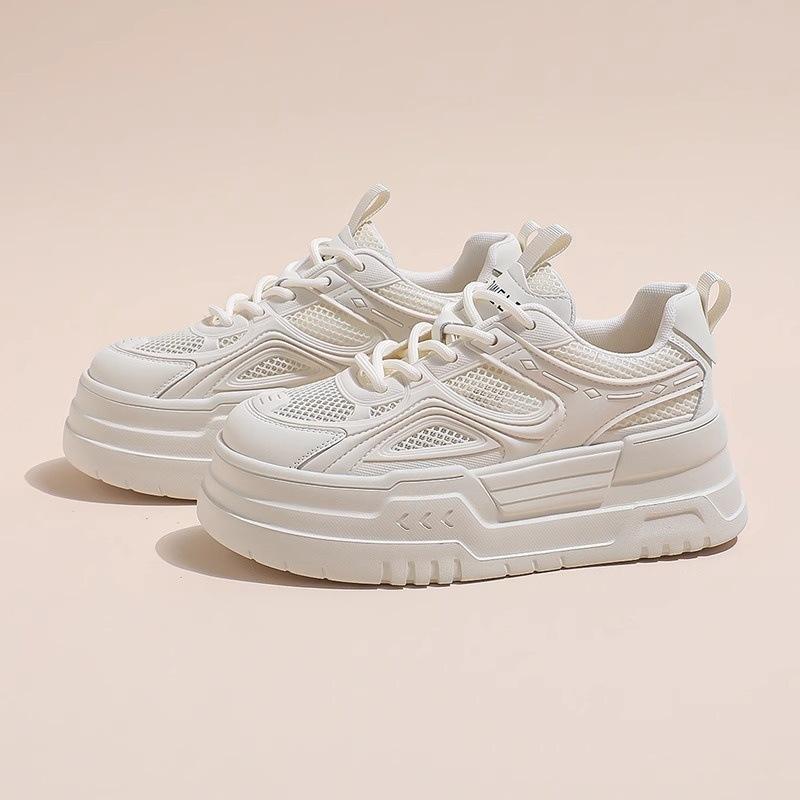 Muffin Thick-soled Inner Height-increasing Women's Shoes 2025 New Summer Mesh Breathable Thin White Shoes Casual Sports Board Shoes