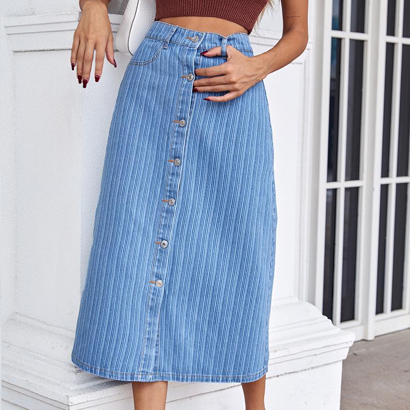 Women High Waist Single-Breasted A Line Jean Denim Skirt