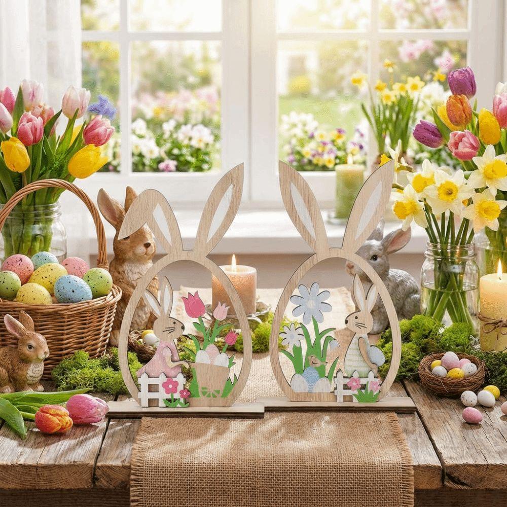 2Pcs Farmhouse Rustic Wooden Easter Rabbit Hand-Painted Easter Table Decor  Spring Festival
