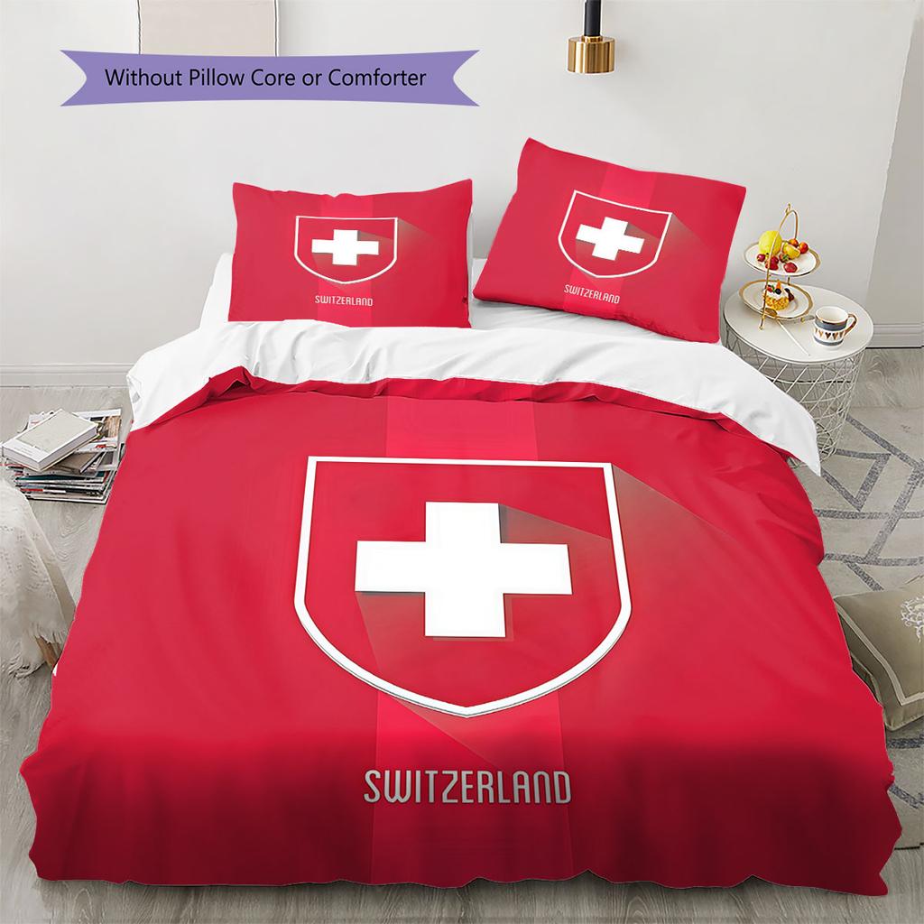 Schweiz Fußball Nationalmuster Bettwäsche Heimdekoration Geburtstagsgeschenk (1 Bettbezug + 2 Kissenbezüge, ohne Füllung),Fanartikel.