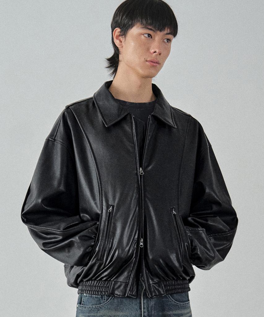 Costume O’Clock Synthetic Leather Curved Two-Way Bomber Jacket Black Coosjp046Leblack