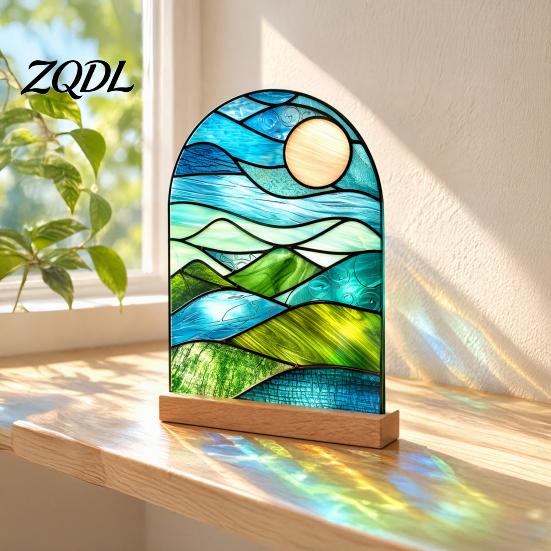Artistic Tabletop Accents Stained Glass Style Acrylic Table Centerpieces, Floral & Landscape Pattern Exquisite Room Decor Sign with Wood Base for Home