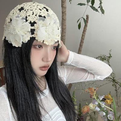 Women's Spring Summer Korean Style Thin Hollow Pearl Petal Handmade Knit Hat Elegant Wool Cap Sweet Head Wrap Hat