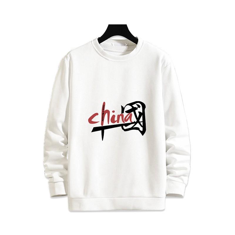 Mens Loose Fit Round Neck Sweatshirt Chinese Print Fleece Lined Casual Winter Top Teens