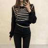 Women's Off-White Retro Patchwork Chiffon Striped Knit Sweater Shirt, One Size, Black, Korean Niche Design.