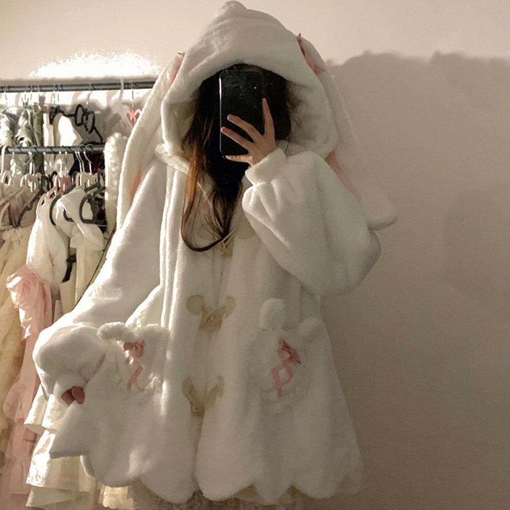 Höst Vinter Söt Varm Färgblock Fuskpälsjacka Hoodie Dam med Björnöron Fluffig Jacka