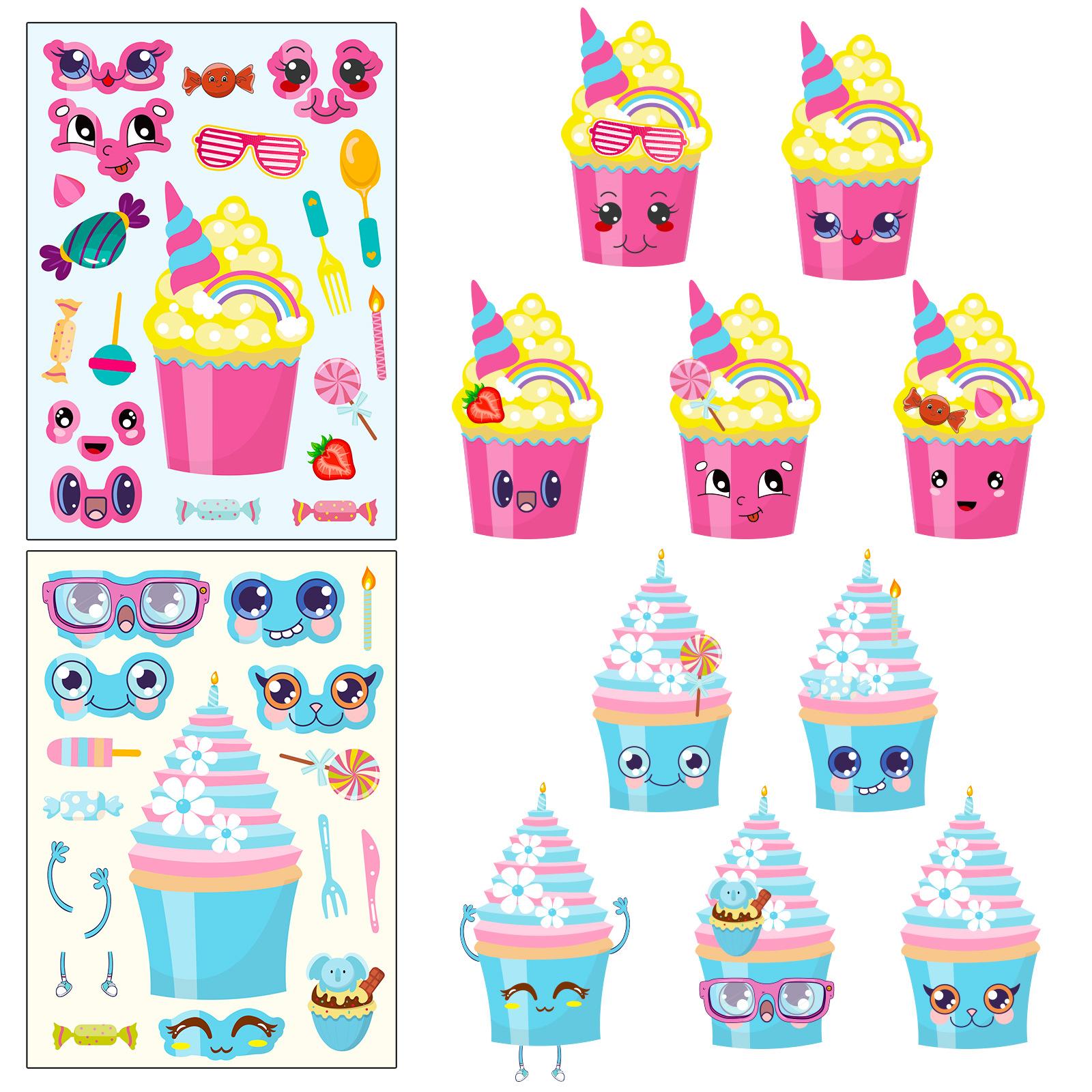 

6 картинок/упаковка Мультяшный торт Пазл Наклейки с меняющимся лицом Милый стиль Развитие детской практической способности Игрушка-наклейка