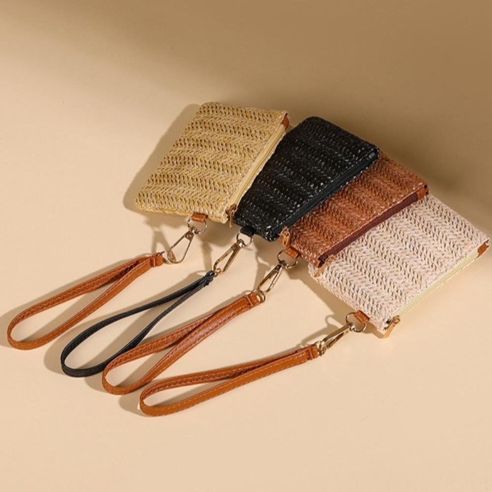 Casual Wristlet Clutch Weaving Bag Solid Straw Lightweight Beach Wallet Coin Purse