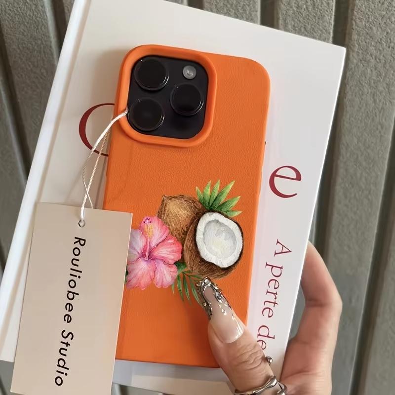 

Hibiscus Palm Tree Pattern Phone Case For iPhone 17 Pro Max 16 Plus 15 Pro 14 13 12 11 XR 17Air Lychee Textur Soft Cover iPhone17 Pro помаранчевий
