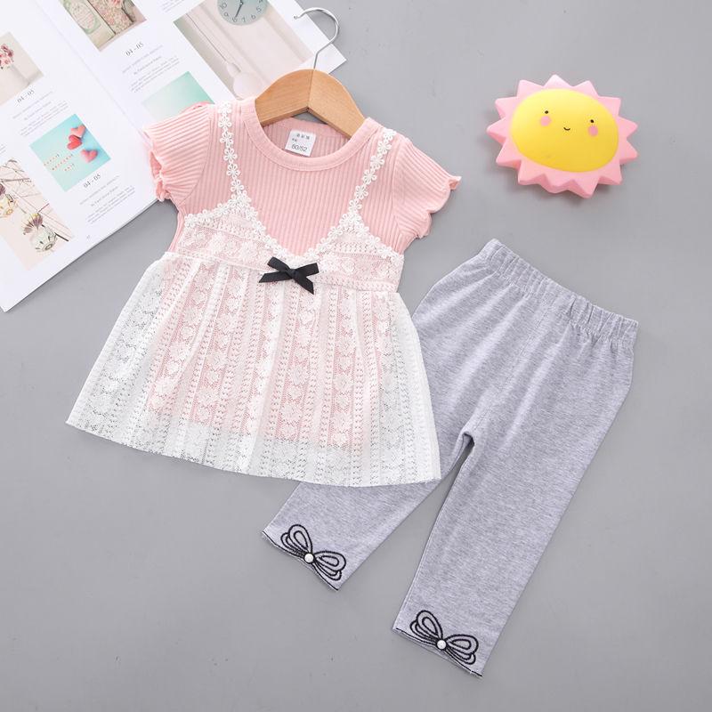 2PCS Children Clothing Set Spring Summer Girls Suits Yarn Short Sleeve Tops + Pants Clothing Set